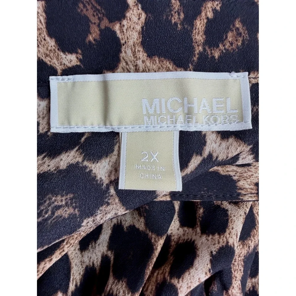 Michael Kors Midi Dress Womens 2X Brown Leopard Print Button Up Long Sleeve